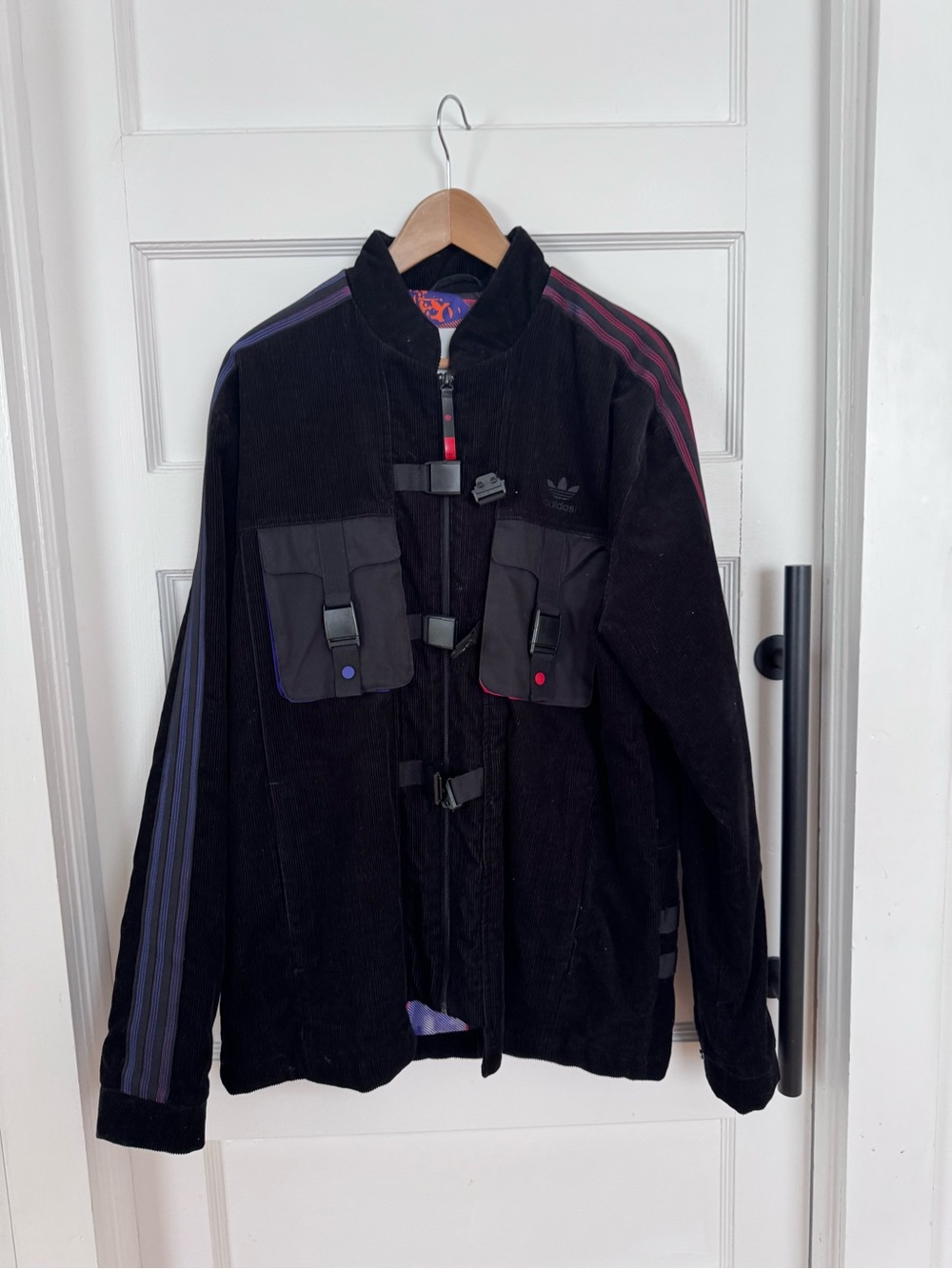 adidas Black Corduroy Bomber Jacket with Purple Stripe Accents